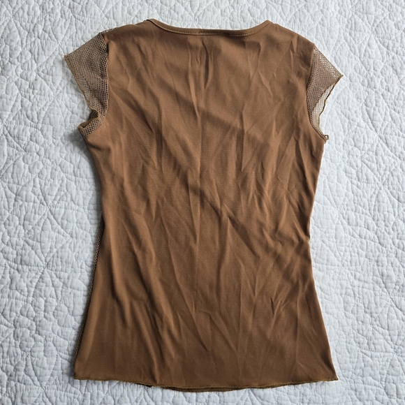 Vintage Costa Blanca Honey Brown Mustard Mesh Fishnet Panel Cap Sleeve Top - Picture 7 of 11